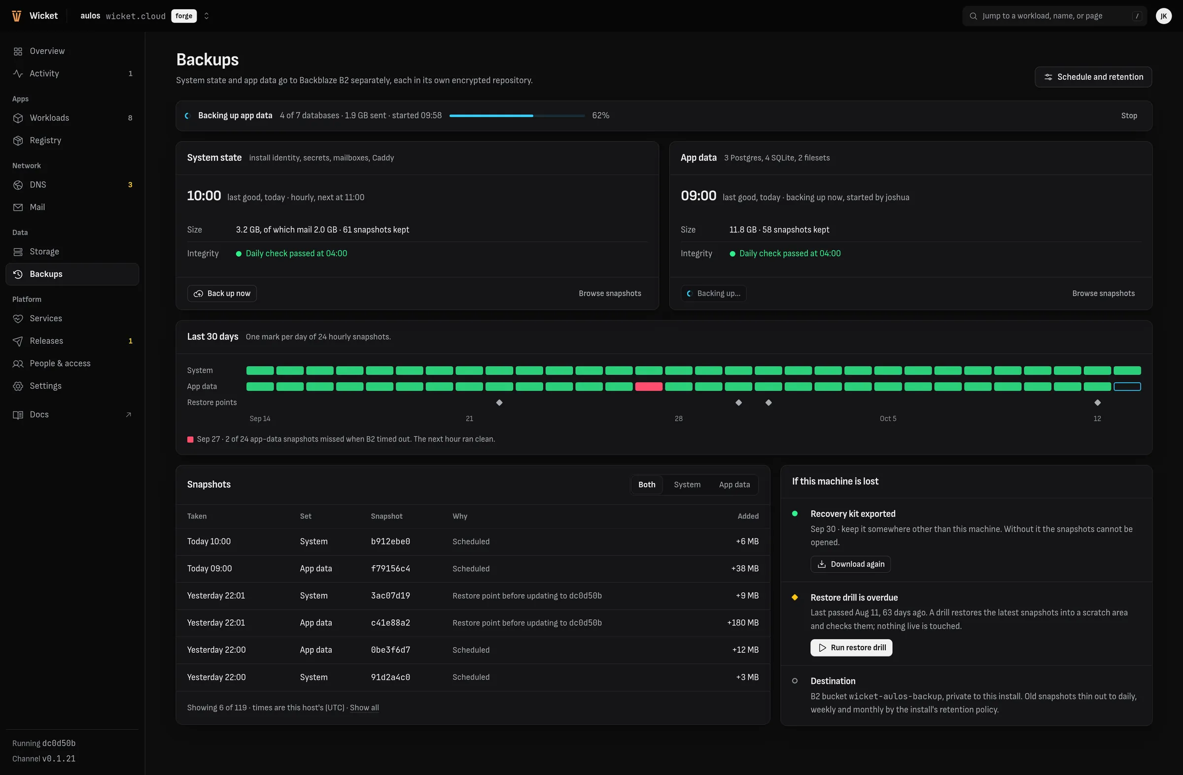 Backups: system state and app data, thirty days of hourly snapshots as a strip of marks, the snapshot list, and what to do if the machine is lost.